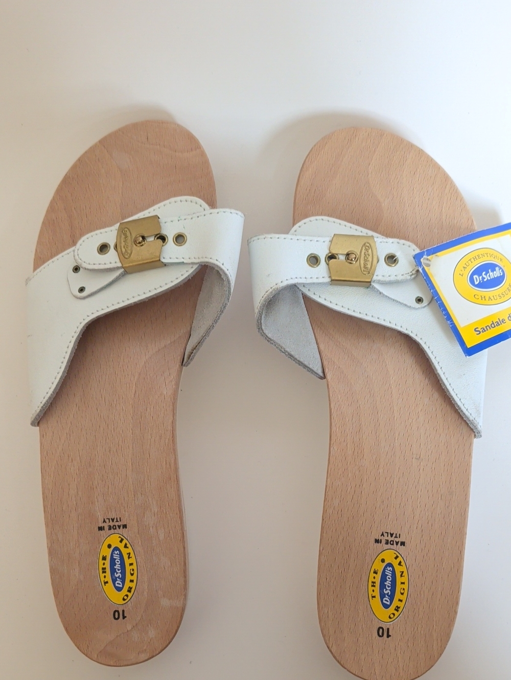 Deadstock! Vintage Dr. Scholl's White Leather Slide Sandals with Real Wood Soles
